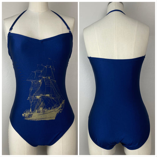 1980s Navy Blue Gottex Swimsuit, Gold Nautical Ship, Size Small
