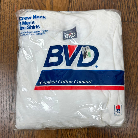 1980s BVD White Undershirts, Size Large, New Old Stock in Package, Crew Neck 3 Men's Tee Shirts
