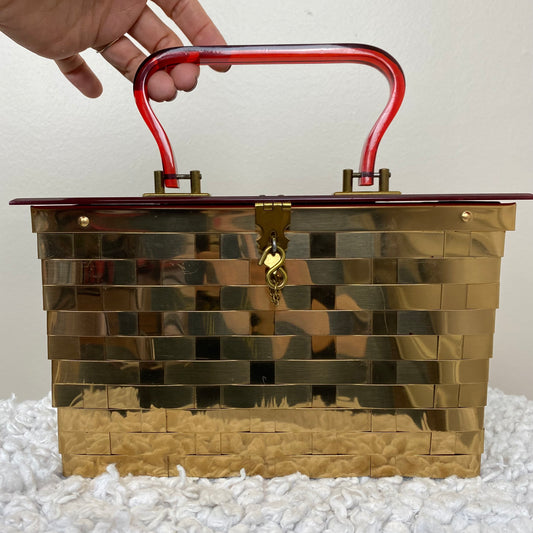 1950s Dorset Rex Purse, Woven Metal Basket Handbag with Lucite Top