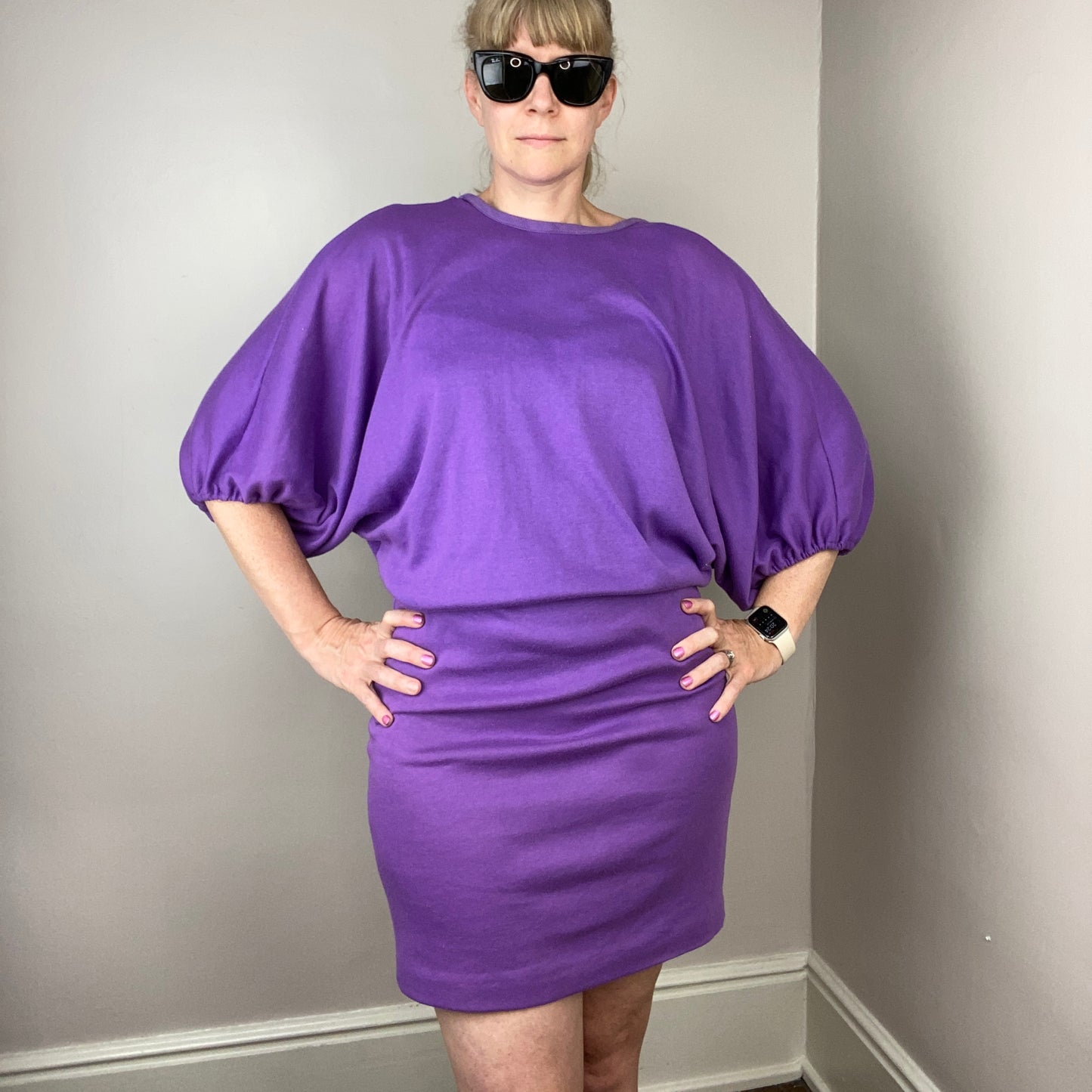 1980s Purple Batwing Sleeve T-Shirt Dress, Frederick’s of Hollywood, Size XS-Med