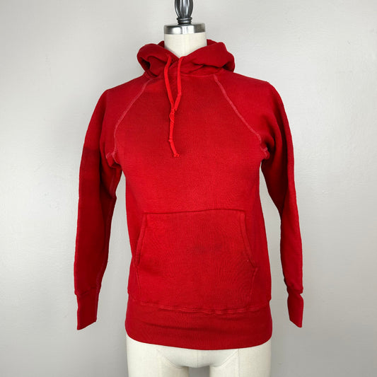 1960s/70s Red Blank Hooded Sweatshirt, Size XS, Underarm Gussets, Distressed