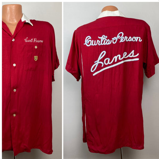 1960s Curtis Person Lanes Red Bowling Shirt, Nat Nast Size 16 1/2, Large/X Large