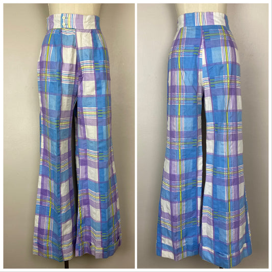 1970s Plaid Seersucker High Waisted Bellbottom Pants, Size Small, 26.5x31.25