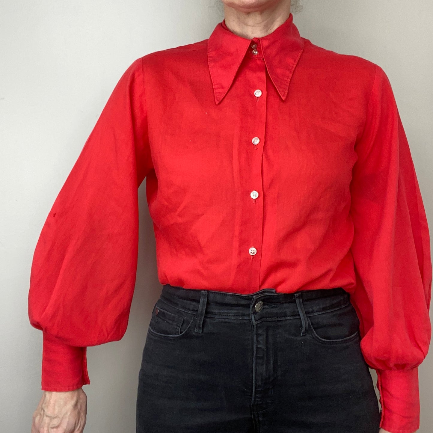 1960s Red Blouse, Size Medium, Dagger Collar, Balloon Sleeves