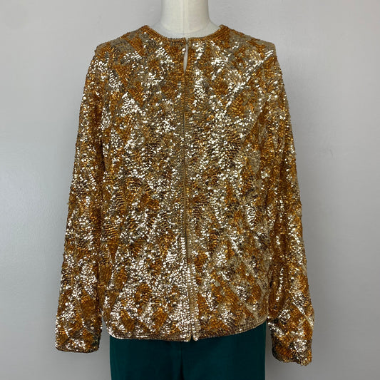 1960s Gold Sequin Cardigan Sweater, Size Medium