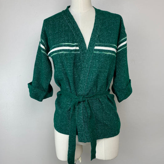 1970s Belted Cardigan, Size Small, Half Sleeves, Green, Stripes