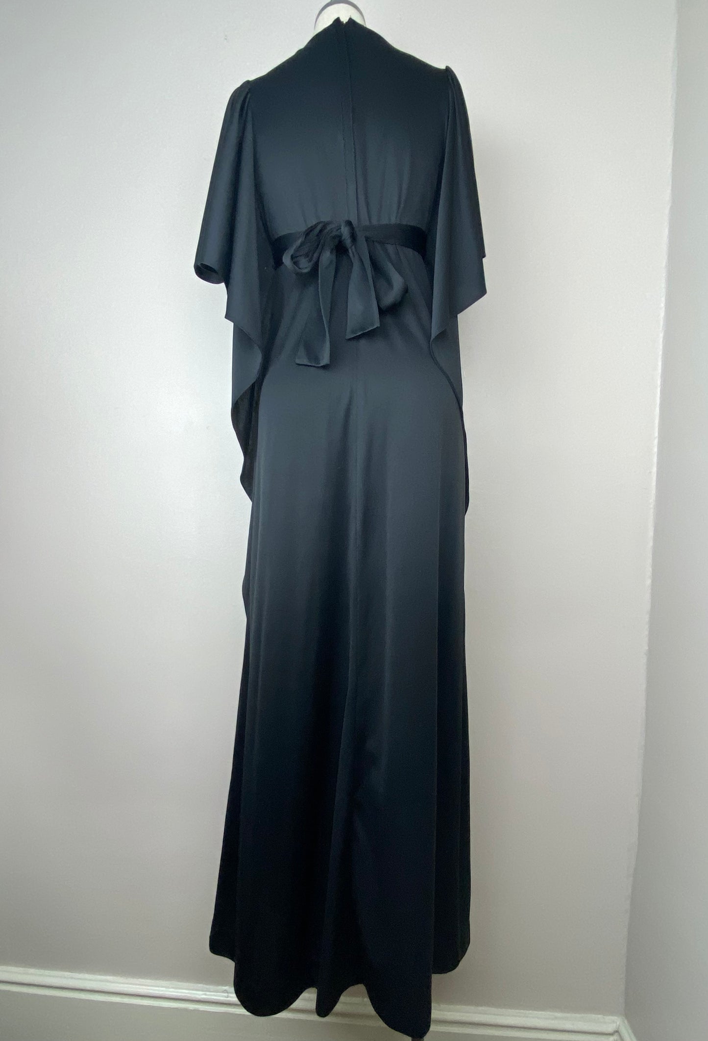 1970s Black Maxi Dress with Flutter Sleeves, Jerell of Texas, Size S/M