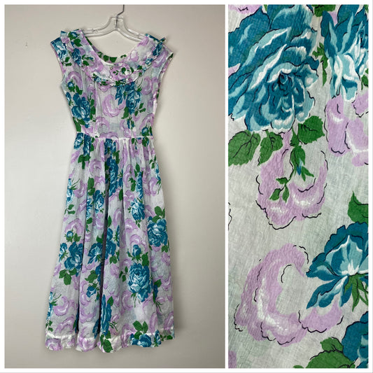 1950s Sheer Floral Dress, Size XS/S, Blue Rose Print, Rhinestone Buttons
