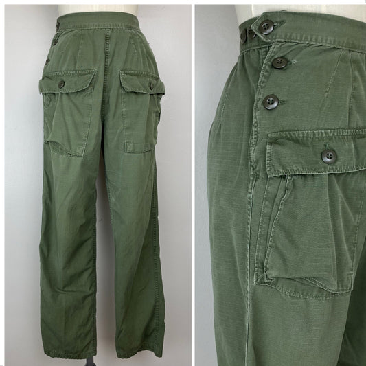 1970s Women’s Side Button Utility Slacks, OG-107, Vietnam, Size XS, 21"-24" waist