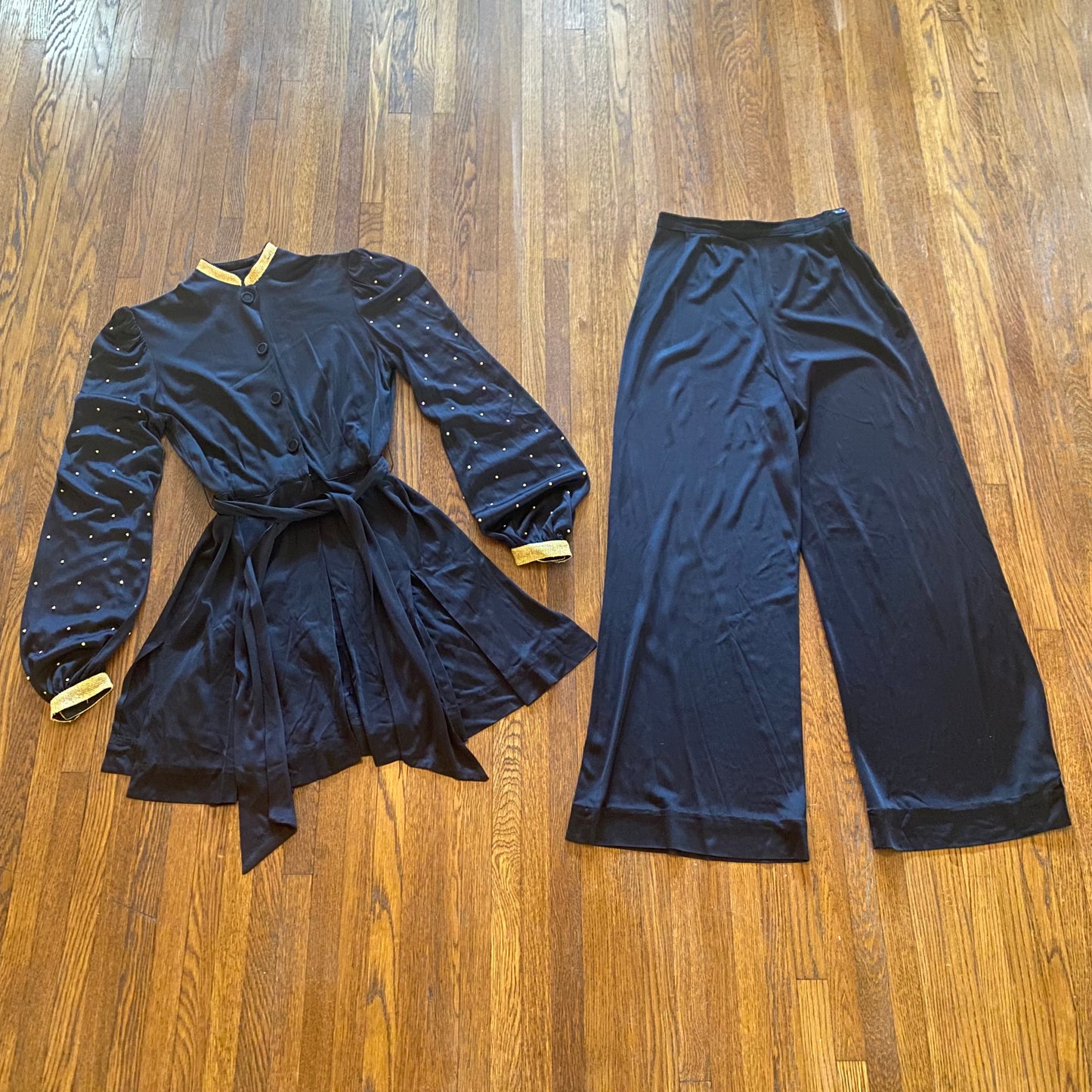 1940s Hostess Pajamas, Studded Black Cold Rayon Pant Suit, Ruth Ann of Dallas Size XS/S, Documented 1946