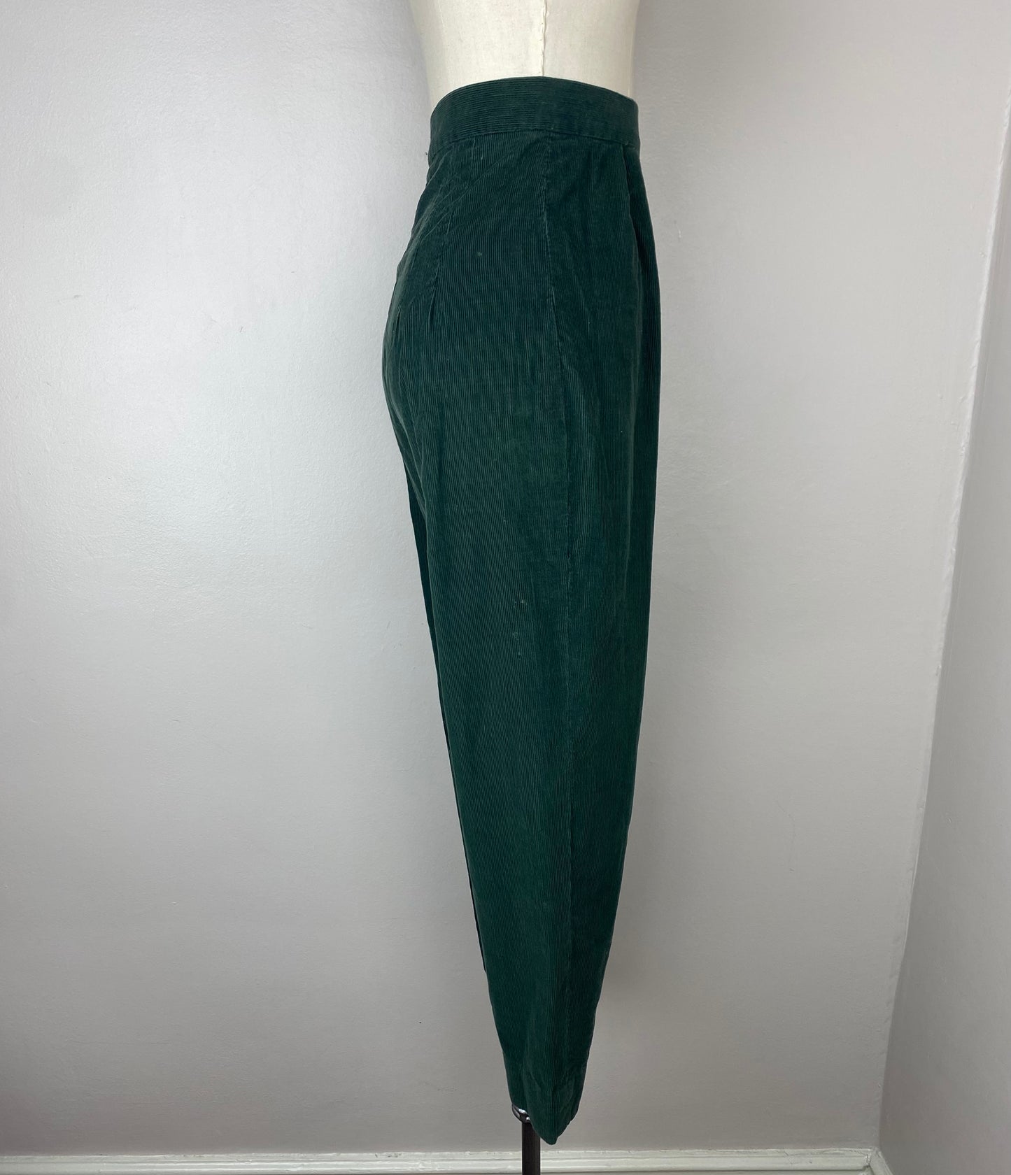 1950s Green Corduroy Pants, Size XS, Side Zip, Pleated, Cropped Tapered Leg