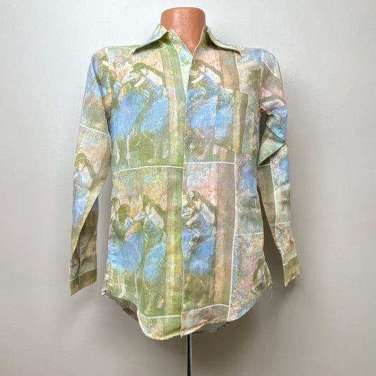 1970s Edgar Degas Print Shirt, K Mart Size Small, Blue Dancers, Ballerinas