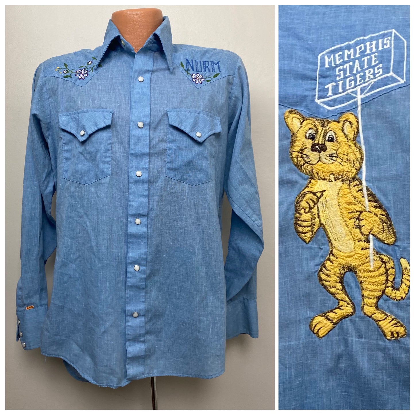 1970s Embroidered Chambray Western Shirt, Memphis State, Ely Size Medium