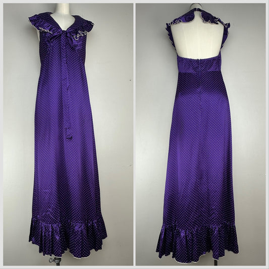 1970s Purple Polka Dot Halter Maxi Dress, Size Medium