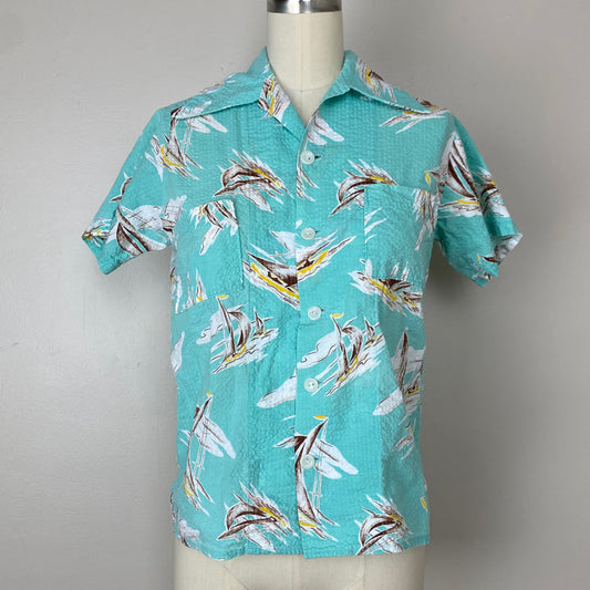 1940s/50s Seersucker Shirt, Size XS/S, Sailboat Print