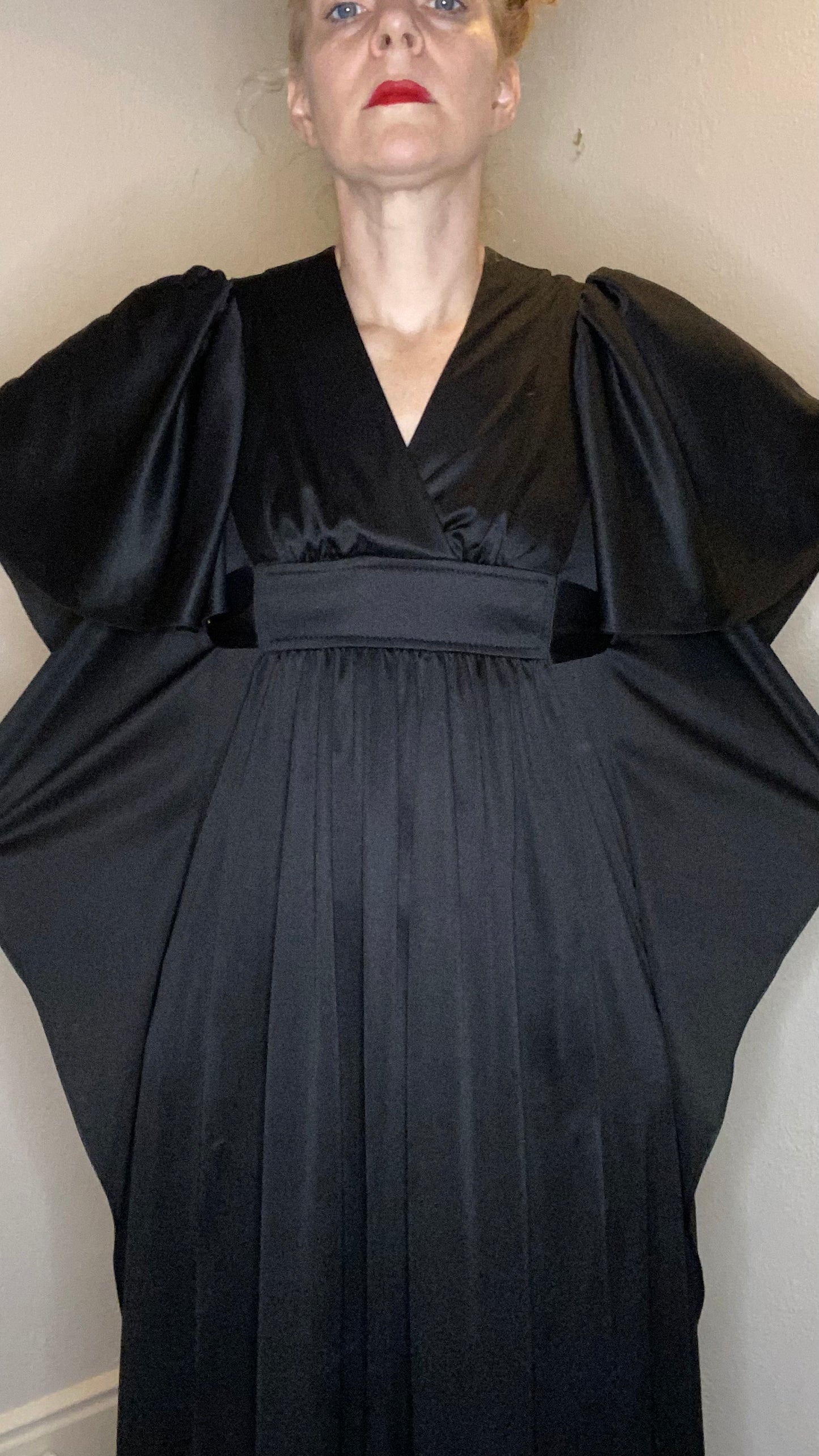 1970s Black Maxi Dress with Flutter Sleeves, Jerell of Texas, Size S/M