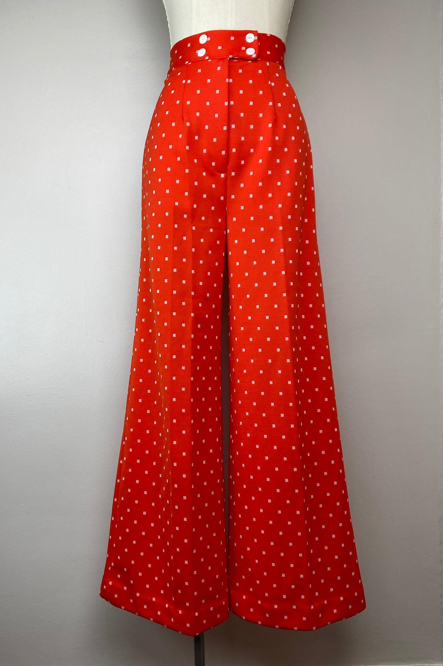 1970s Red Polka Dot Bell Bottom Pants, 27"x30.5"