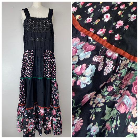 1970s Plus Size Patchwork Dress, Black, Dark Florals, Sundress, Size 2X
