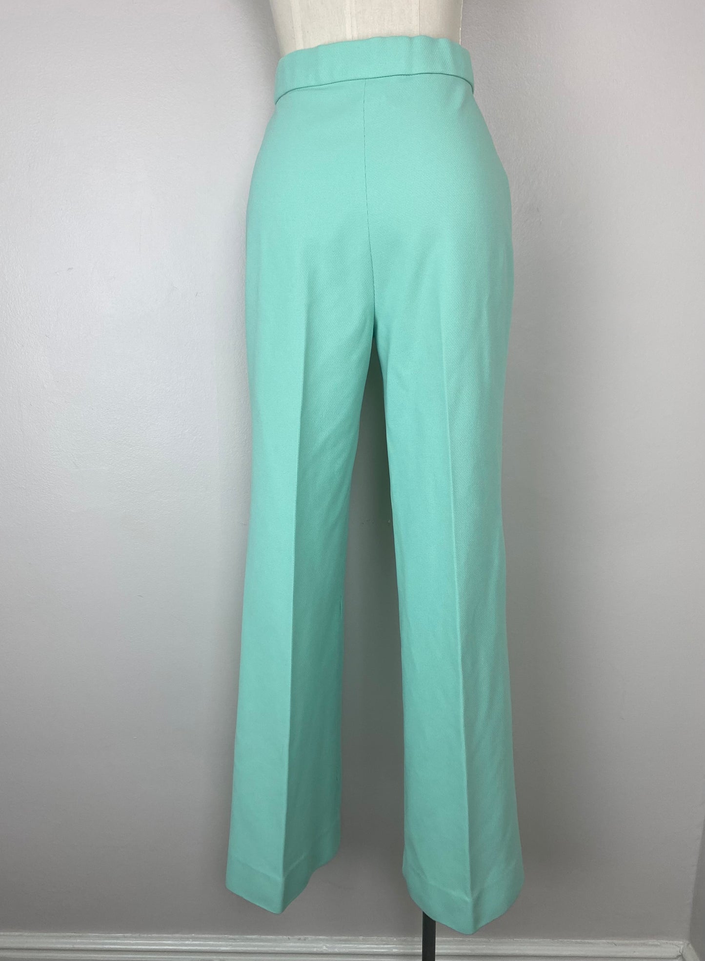 1970s High Waisted Bell Bottom Pants, Mint Green, Center Stage II, Textured Double Knit