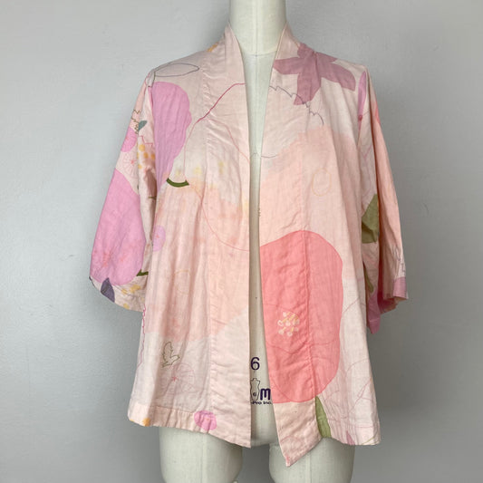Vintage Thin Cotton Yukata Jacket, Pastel Pink Floral, Size S/M