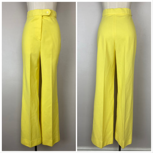 1970s High Waisted Bell Bottom Pants, Center Stage II, Yellow, Textured Double Knit, Size Small, 26x32
