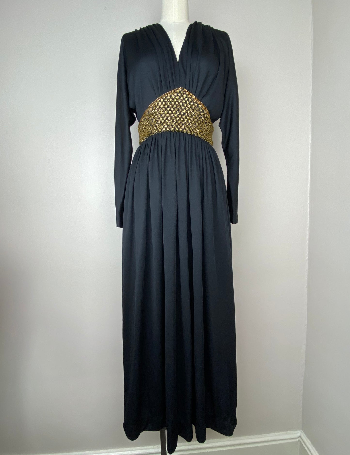 1970s Victor Costa Black Maxi Dress with Gold Beads and Rhinestones, Size XS