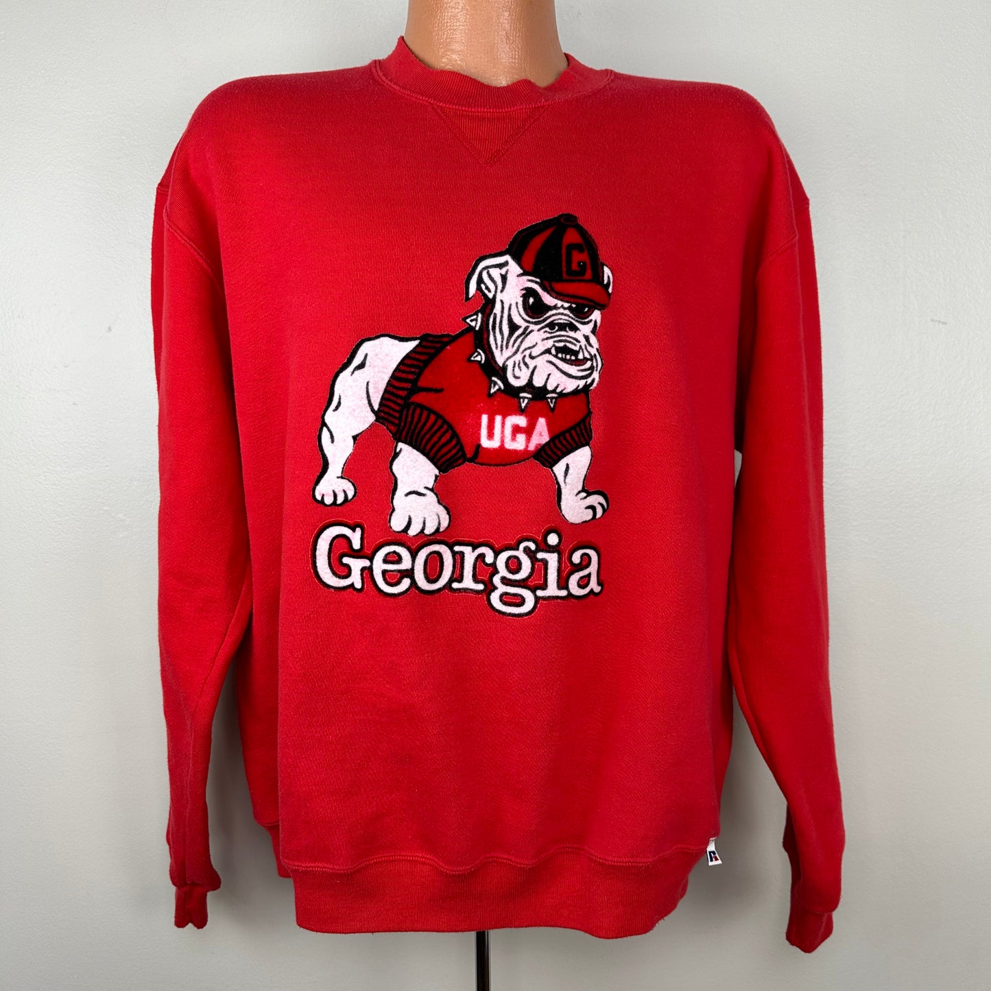 1980s University of Georgia Bulldogs Sweatshirt, Russell Athletic Size XL, Flocked Graphic