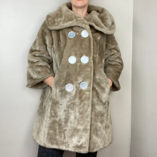 1960s Tan Faux Fur Coat, Fashioned in Tudor City, Malden, Size Medium-Large