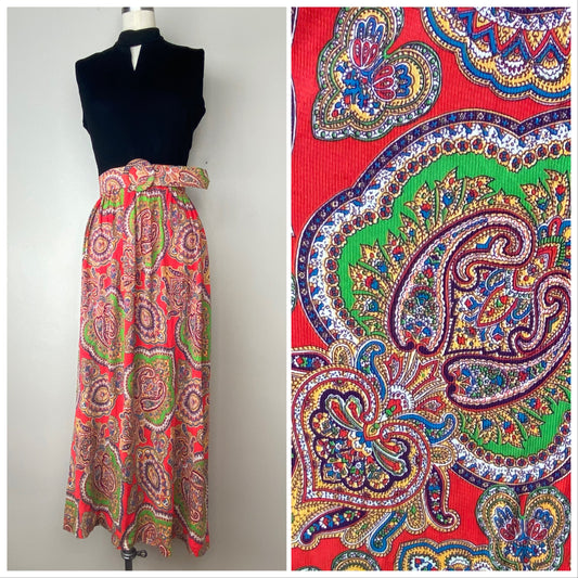 1960s Maxi Dress, Size Small, Red and Green Paisley, Sleeveless