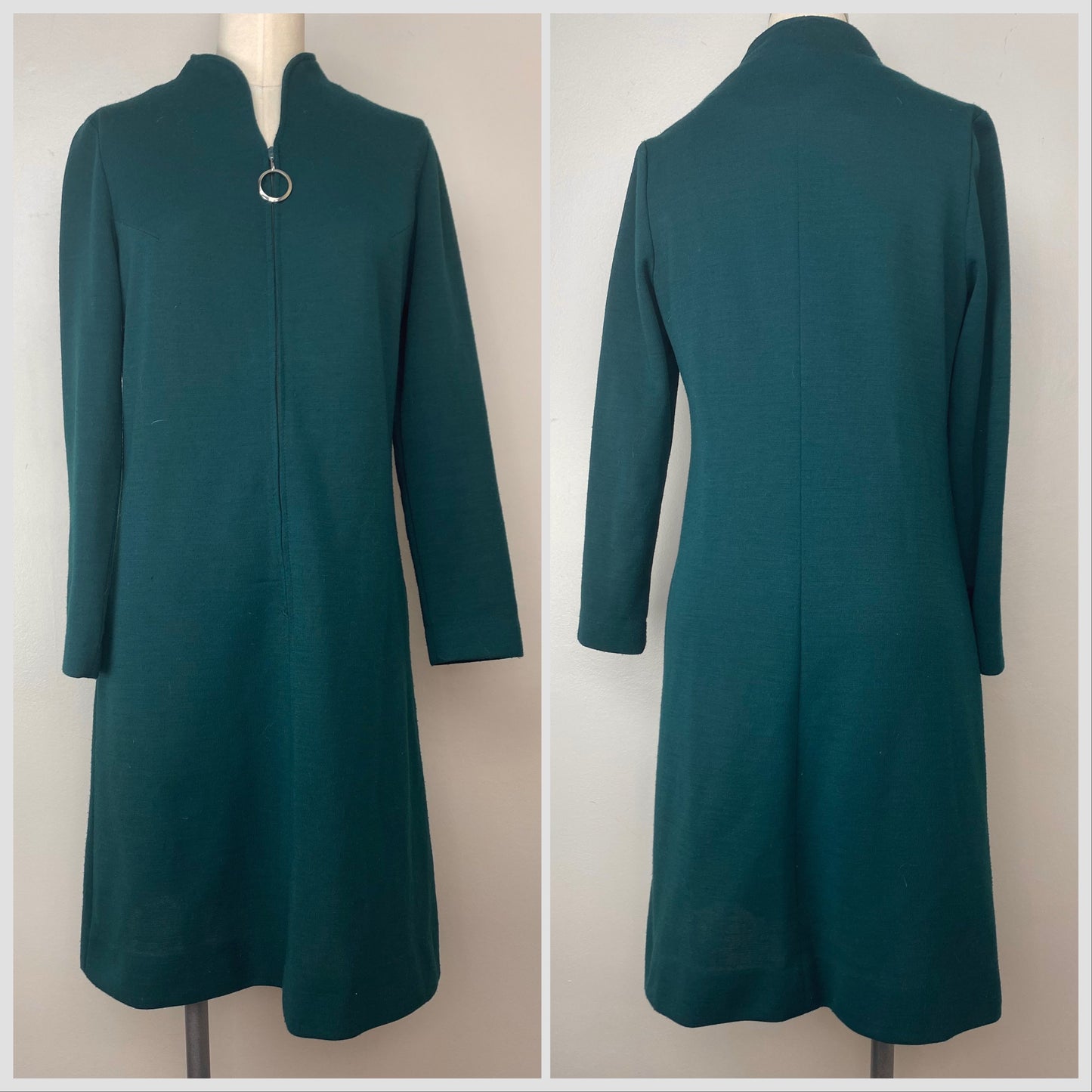 1970s Forest Green Mod Mini Dress, K II, Size S/M