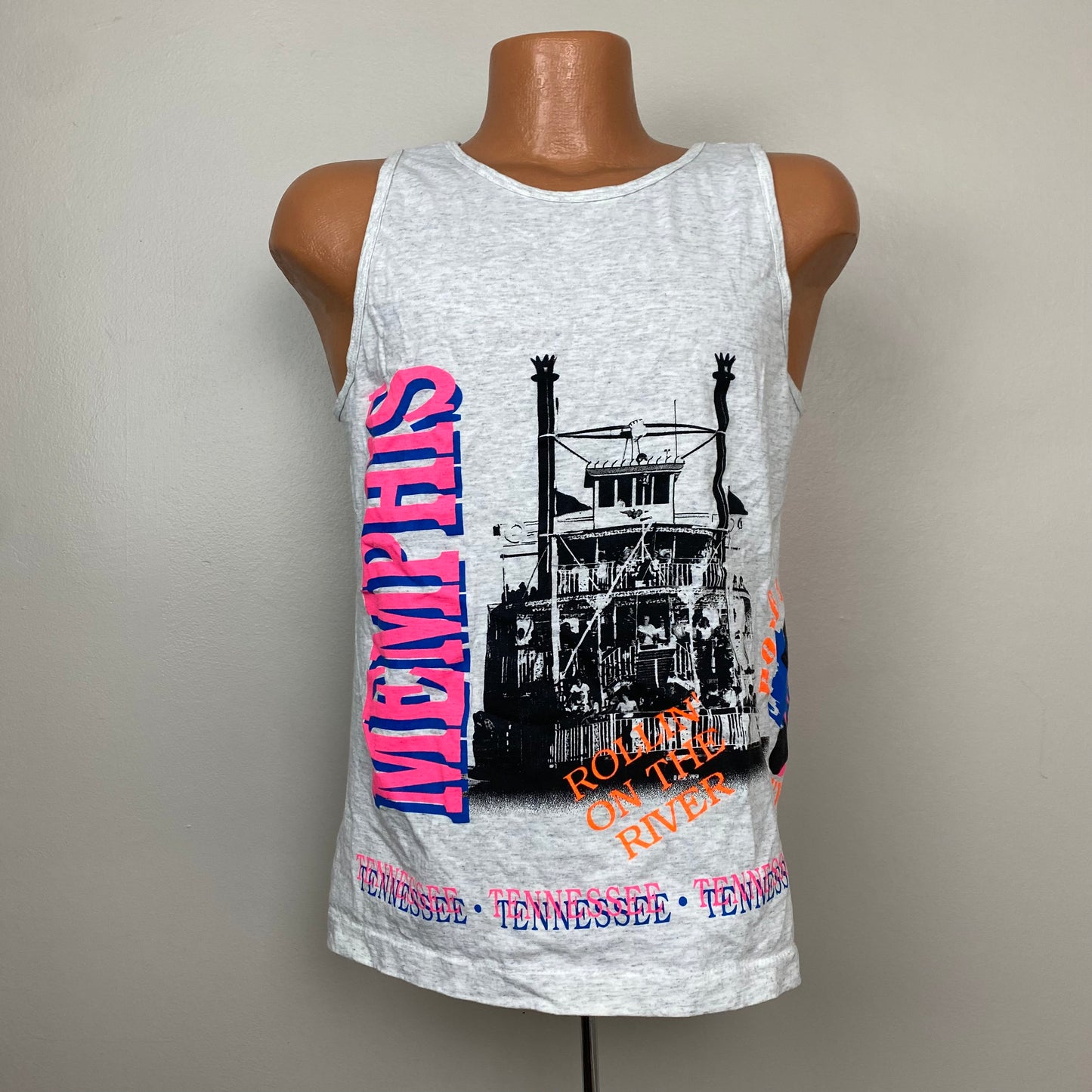 1990s Memphis Tank Top, Neon Colors All Over Print Sleeveless T-Shirt, Sof Tee Size M