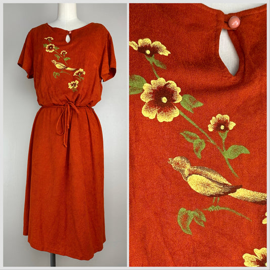 1970s Velour Bird Dress, Size Medium-Large