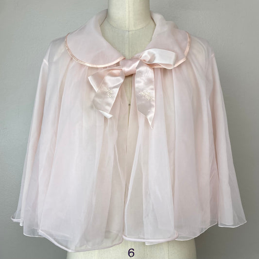 1950s Vanity Fair Bed Jacket, Sheer Pastel Pink, Size Large, Satin Bow