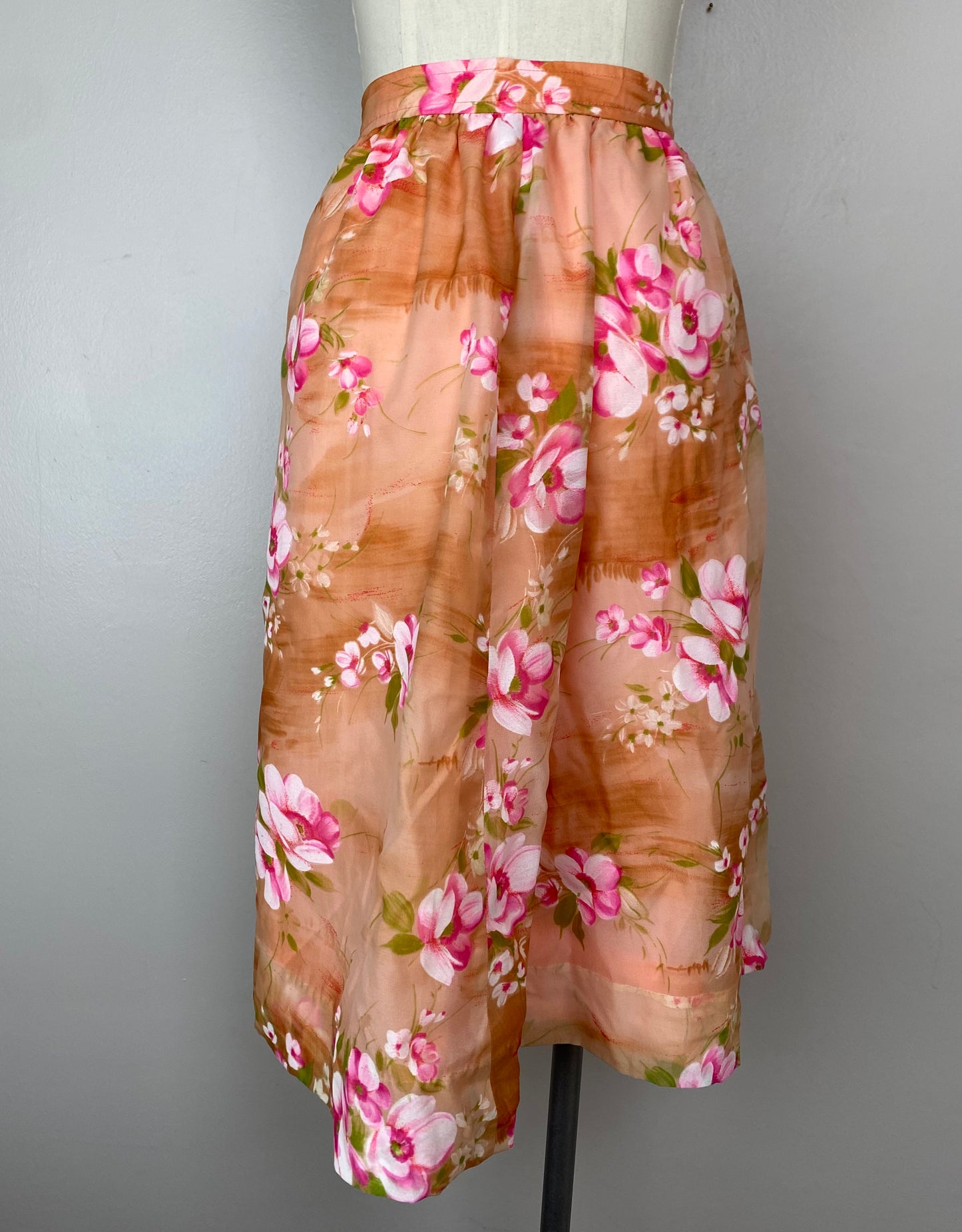 1960s Peach and Pink Floral Midi Skirt, Size Medium, 28.5" Waist