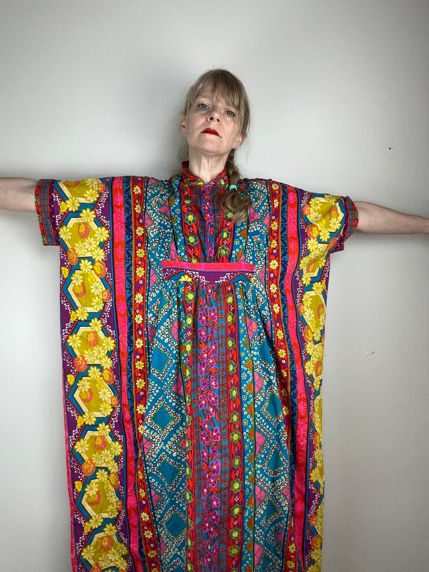 1960s Bright Floral Stripe Barkcloth Kaftan, Open Sizing