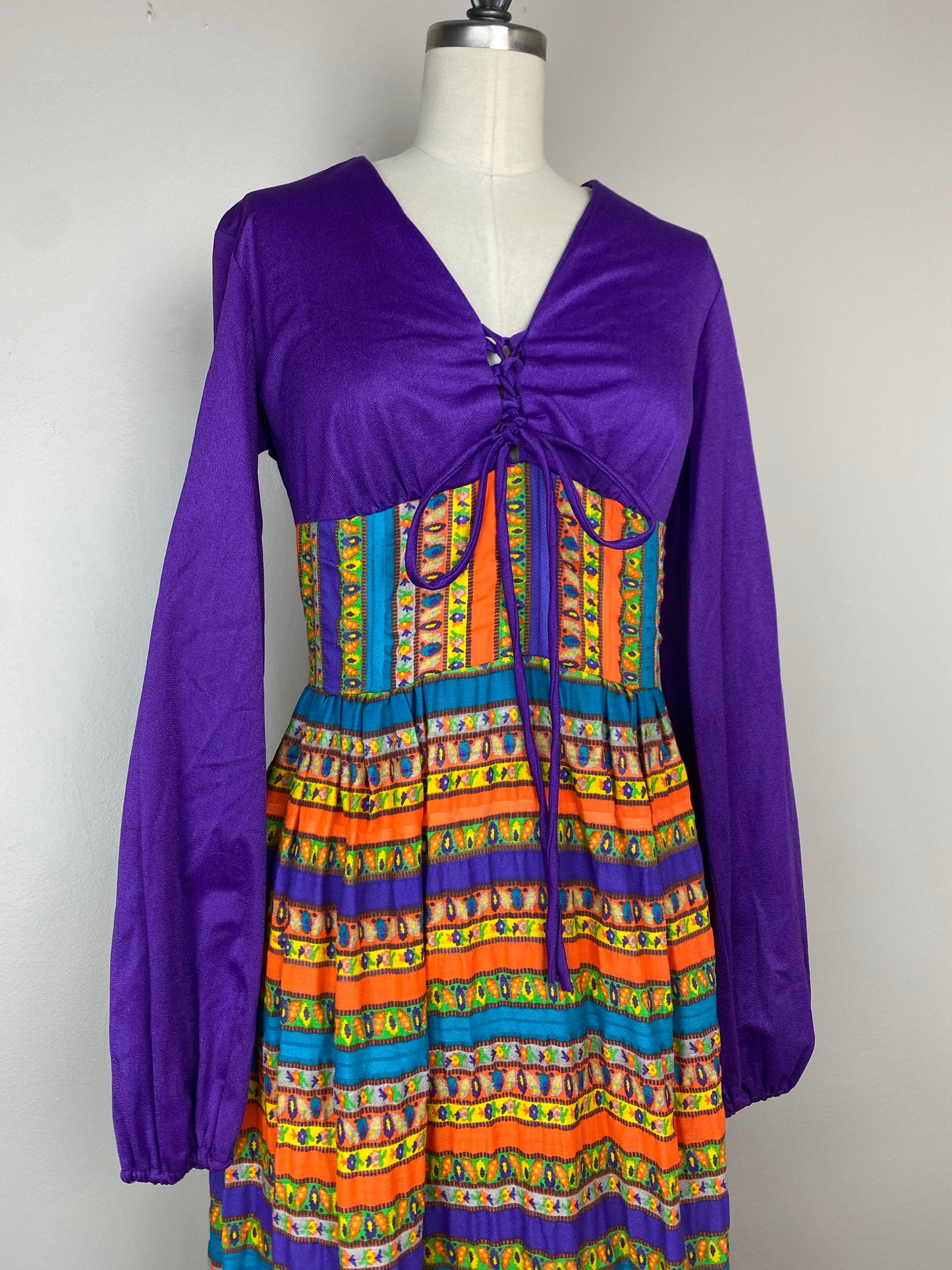 1970s Renaissance Inspired Bright Psychedelic Boho Dress, Size Small, Purple, Floral Stripes