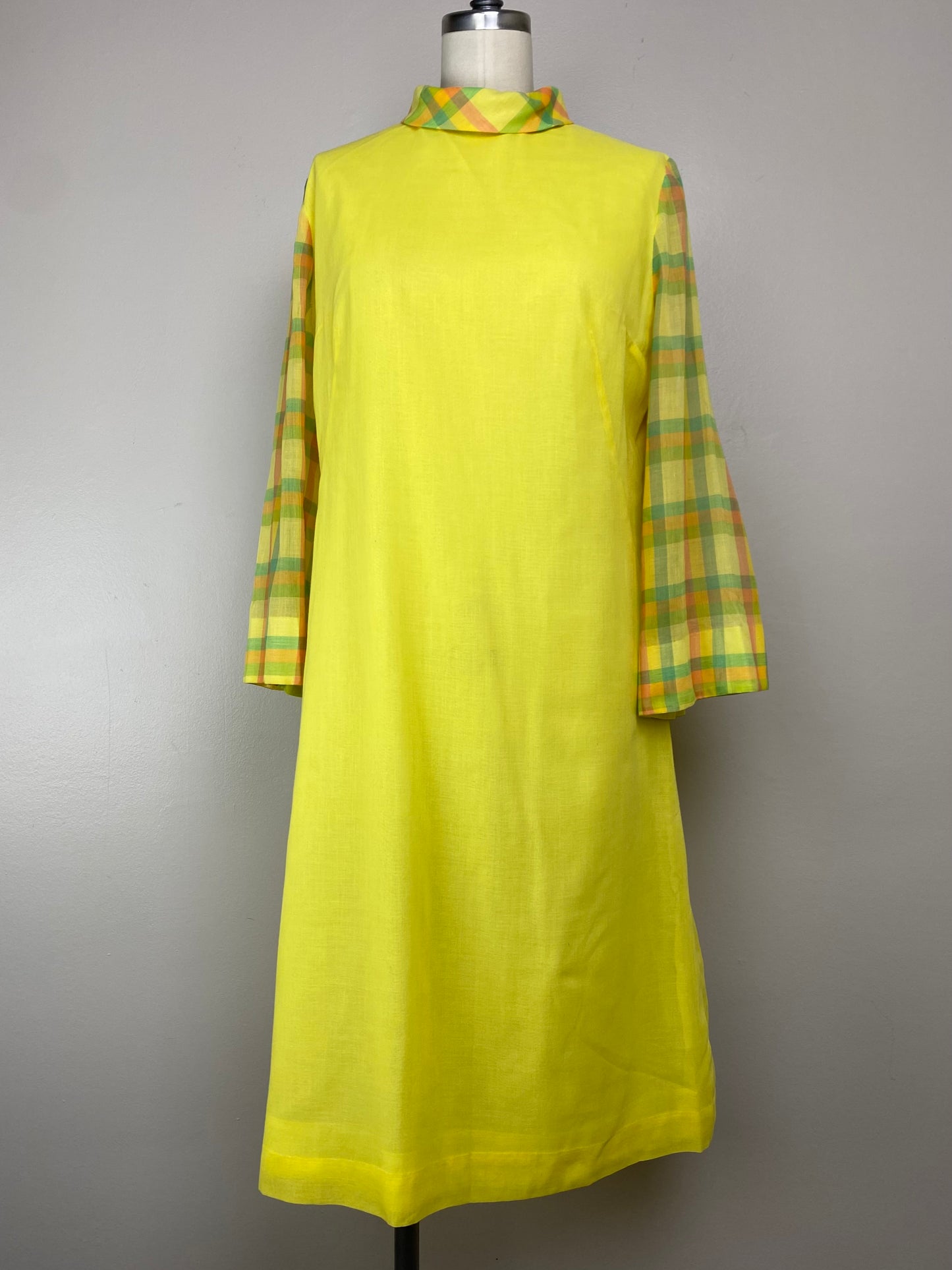 1960s Mod Yellow Dress with Plaid Sleeves, Size Medium