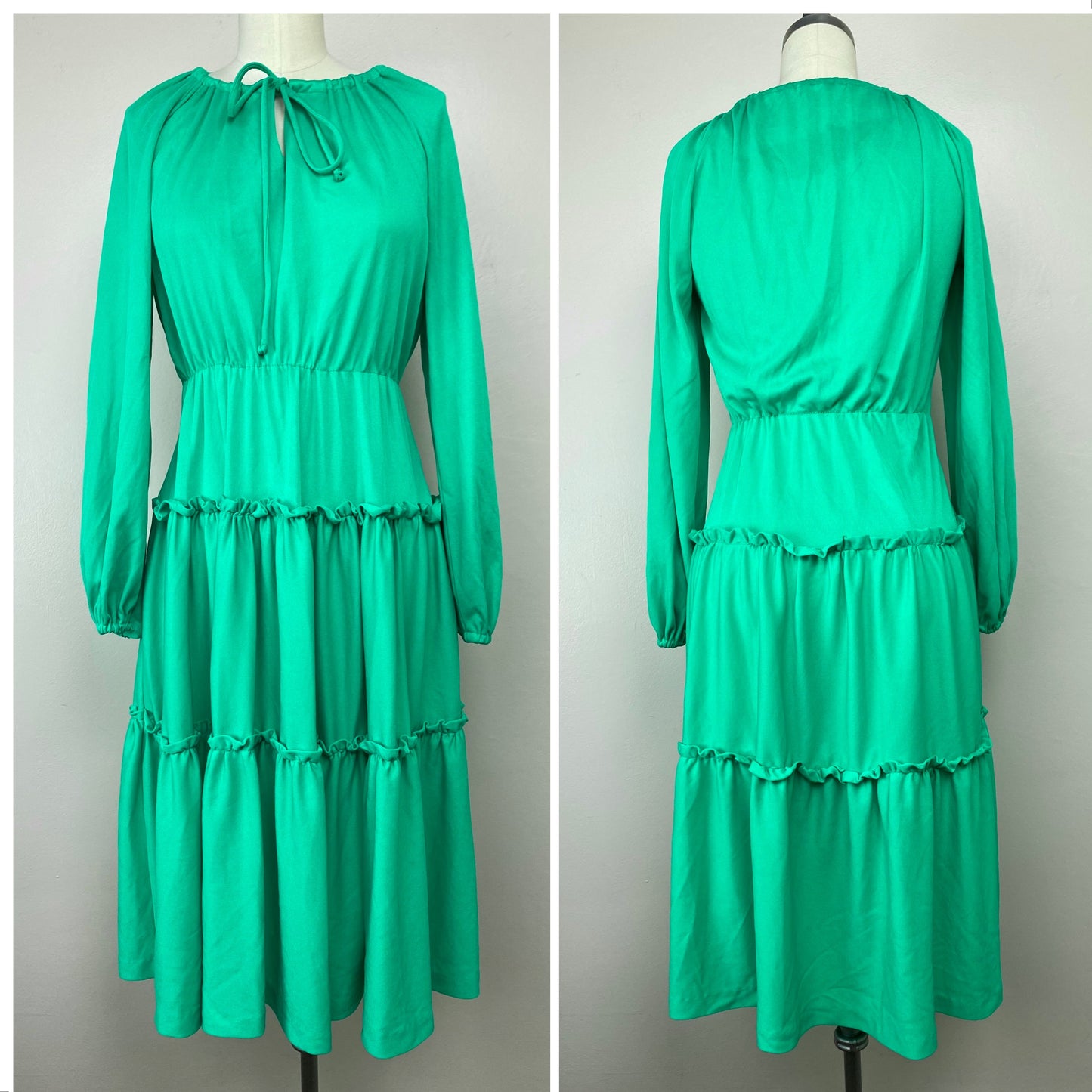 1970s Green Knit Peasant Dress, Size Medium