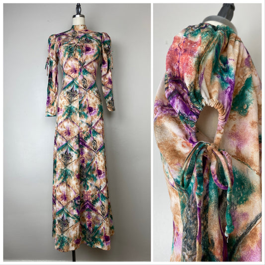1970s Maxi Dress with Cut Outs, Size XS, Handmade Prairie, Boho Tie Dye