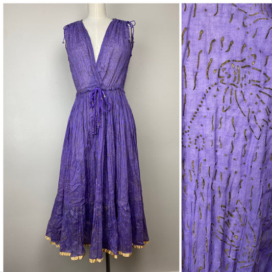 1970s Adini Dress, Size S/M, Purple with Gold Block Print and Trim, Midi Length