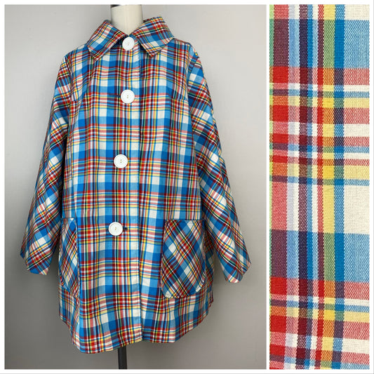 1960s Blue Plaid Car Coat, Sharpee Size L-XL