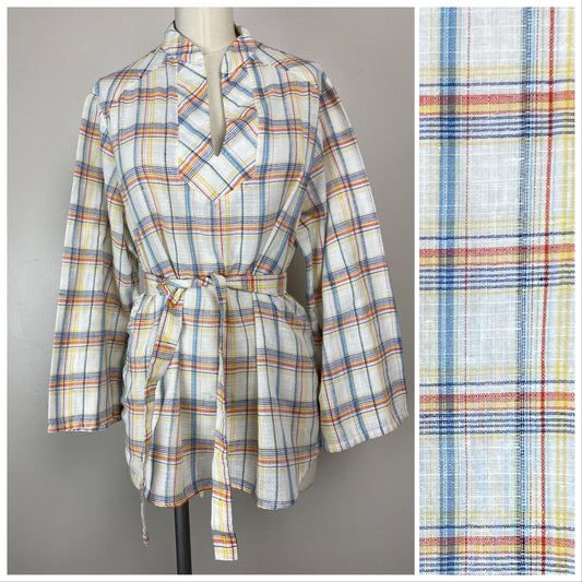 1970s Plaid Pull Over Blouse, Size Large