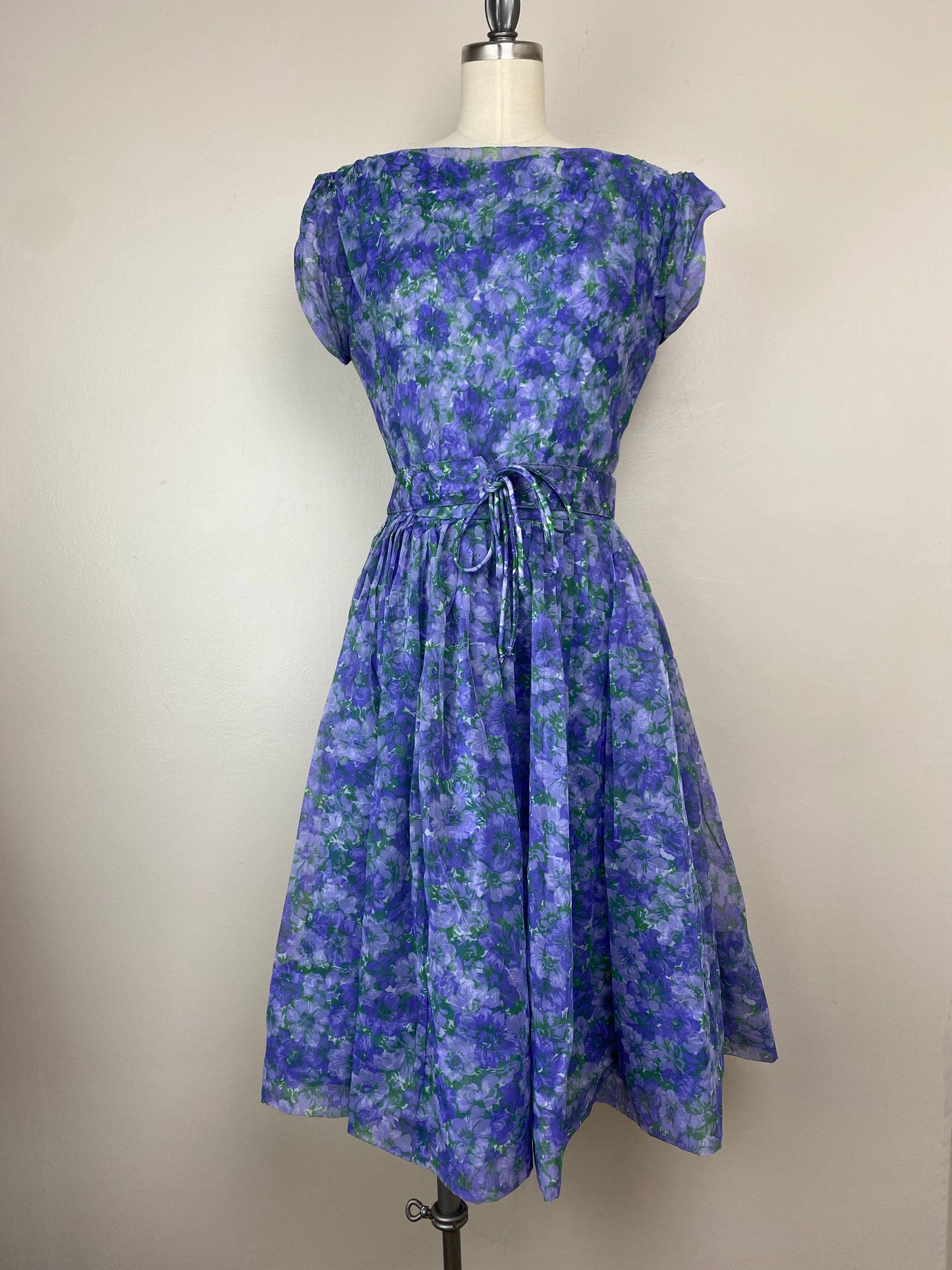 1950s Purple Floral Chiffon Party Dress, Size Medium,