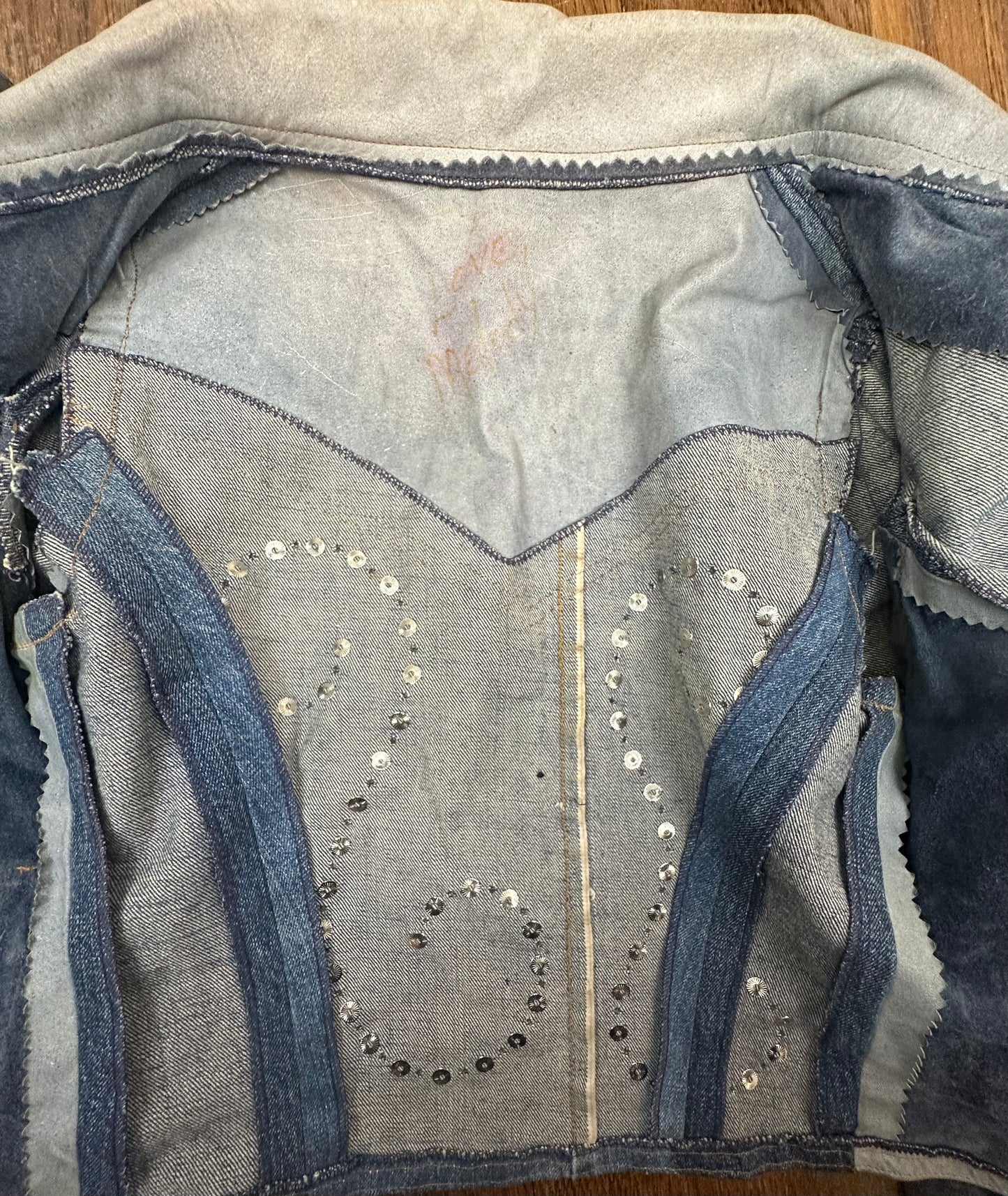 1970s Love Melody Denim and Leather Patchwork Jacket, Size Small