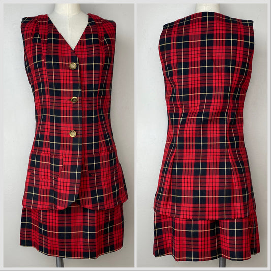 1960s Red Plaid Vest and Skirt Set, Size XS/S, Handmade