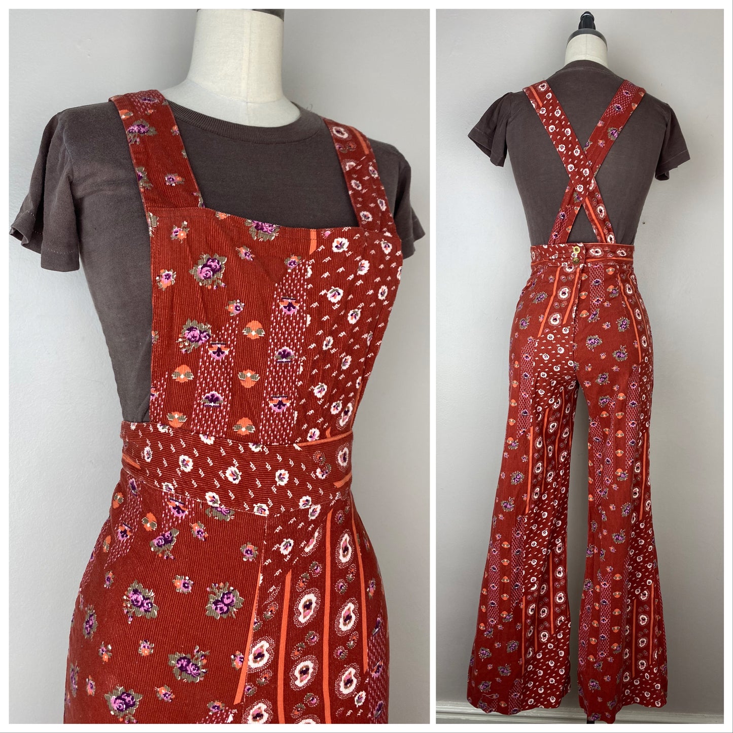 1970s Printed Corduroy Low Back Overalls, Sportset Size XS, High Waisted Bell Bottoms