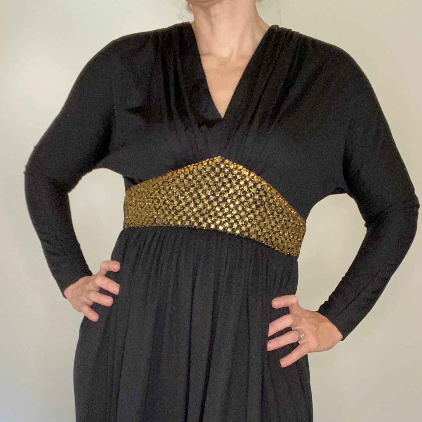 1970s Victor Costa Black Maxi Dress with Gold Beads and Rhinestones, Size XS