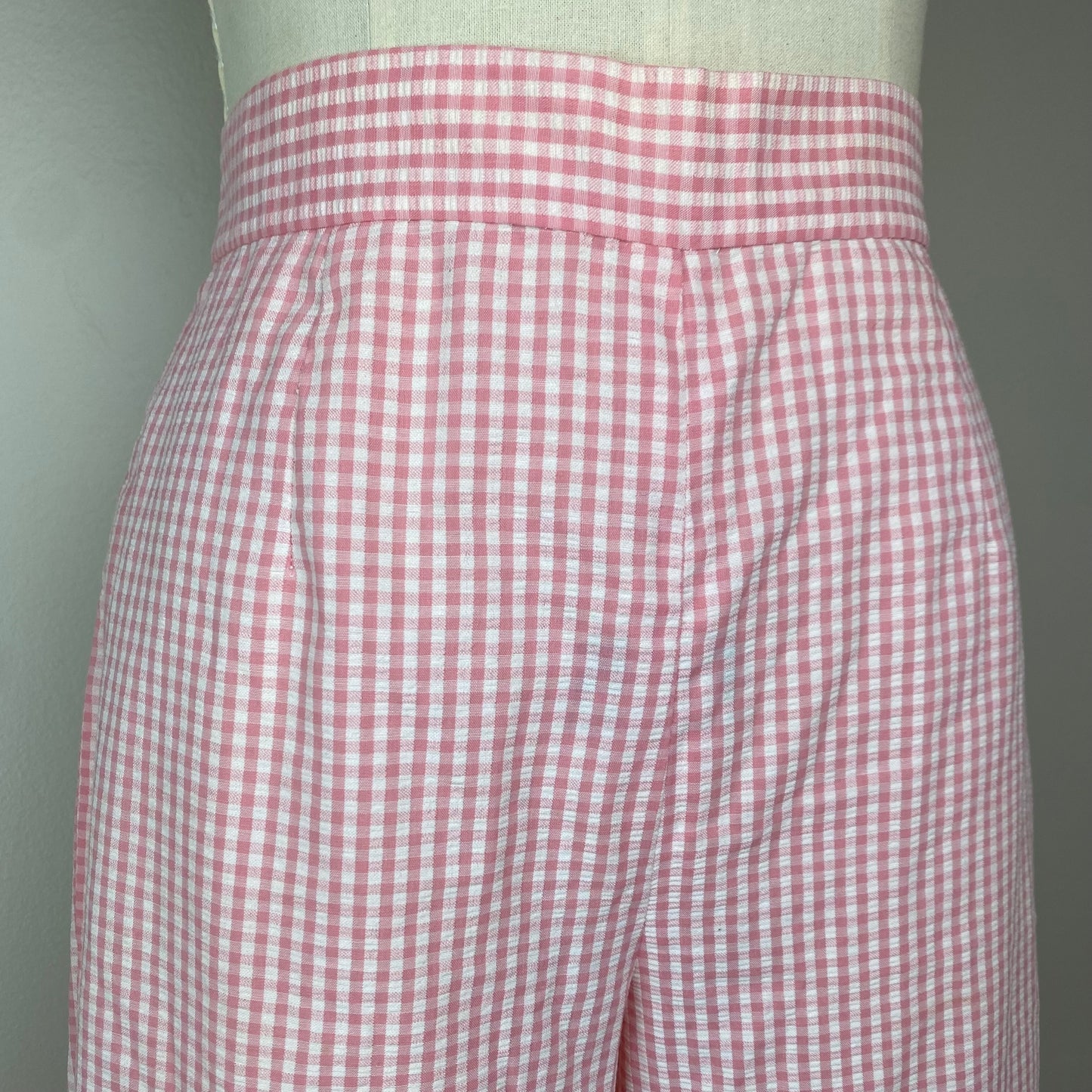 1970s Pink Gingham Seersucker Side Zip Bell Bottom Pants, 29"x 28.5"