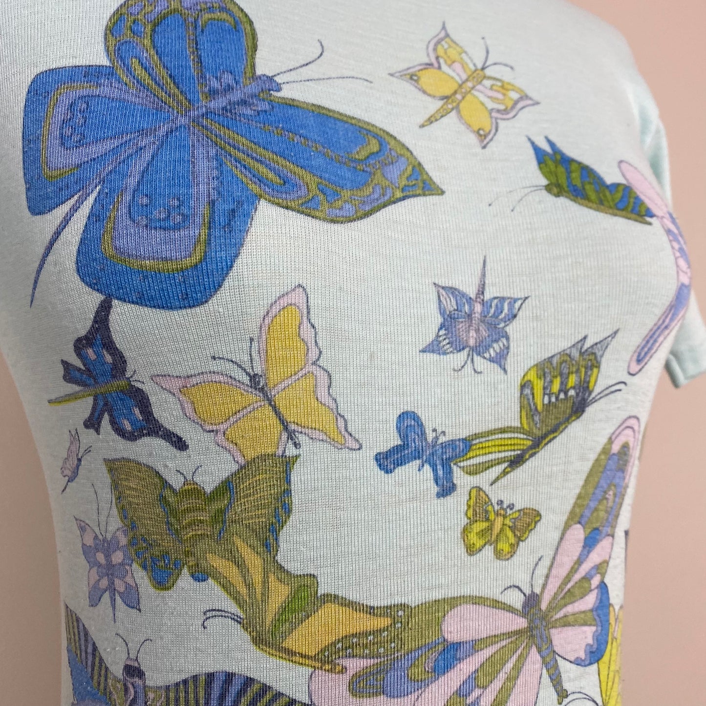 1970s Butterfly T-Shirt, Size XS/S, Pastel Blue