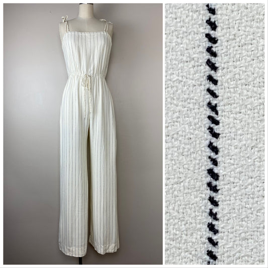 1970s/80s Cream Striped Jumpsuit, Trousers Up Size Small, Spaghetti Straps